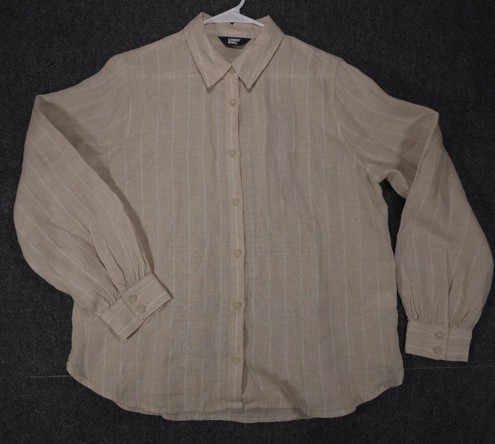 Lands' End Women's M 100% Linen Long Sleeve Button Down Shirt Tan Stripe